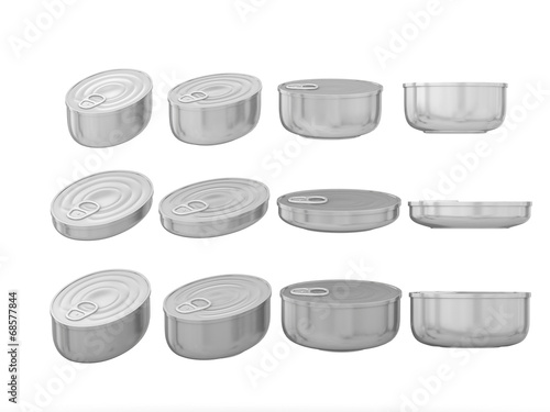 Set of aluminum round bottom oval tin cans in various sizes, cli