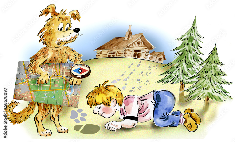 Obraz premium Boy and his dog looking for way home
