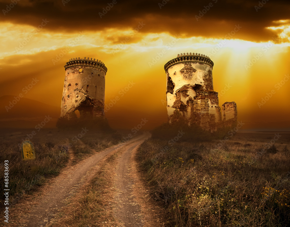 Halloween background with old towers and skulls Halloween background with old towers and skulls