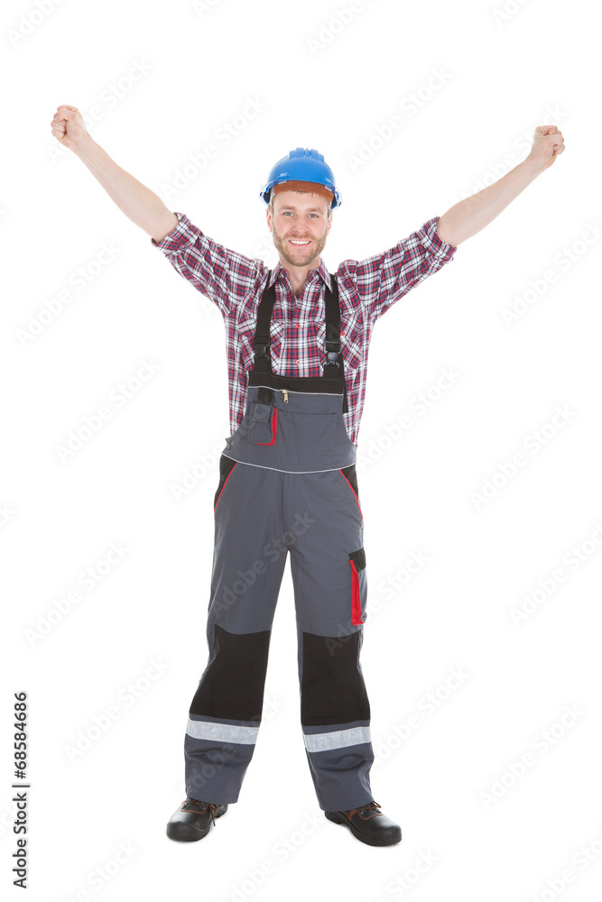 Manual Worker Screaming With Hands Raised Manual Worker Screaming With Hands Raised