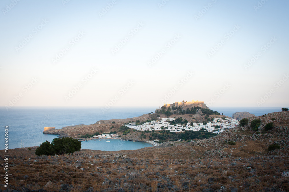 A view of Lindos bay at sunset, Rhodes, Greece