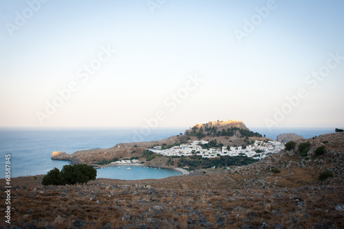 A view of Lindos bay at sunset, Rhodes, Greece