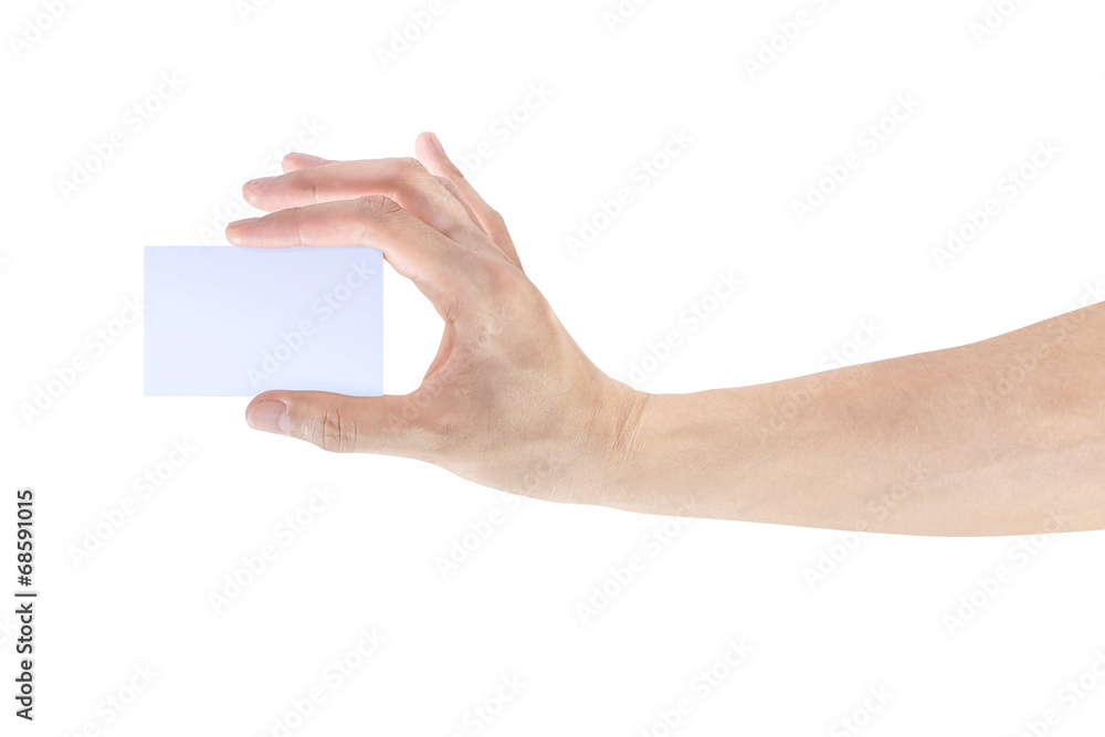 Hand with name card isolated in white background Hand with name card isolated in white background