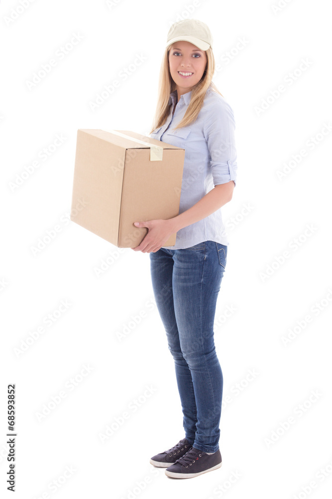 post delivery woman holding carboard box isolated on white post delivery woman holding carboard box isolated on white