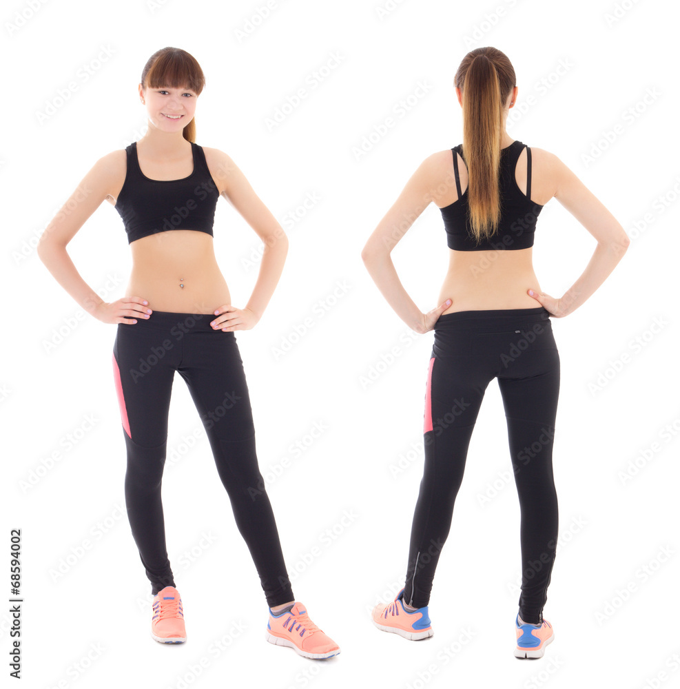front and back view of young woman in sports wear isolated on wh front and back view of young woman in sports wear isolated on wh