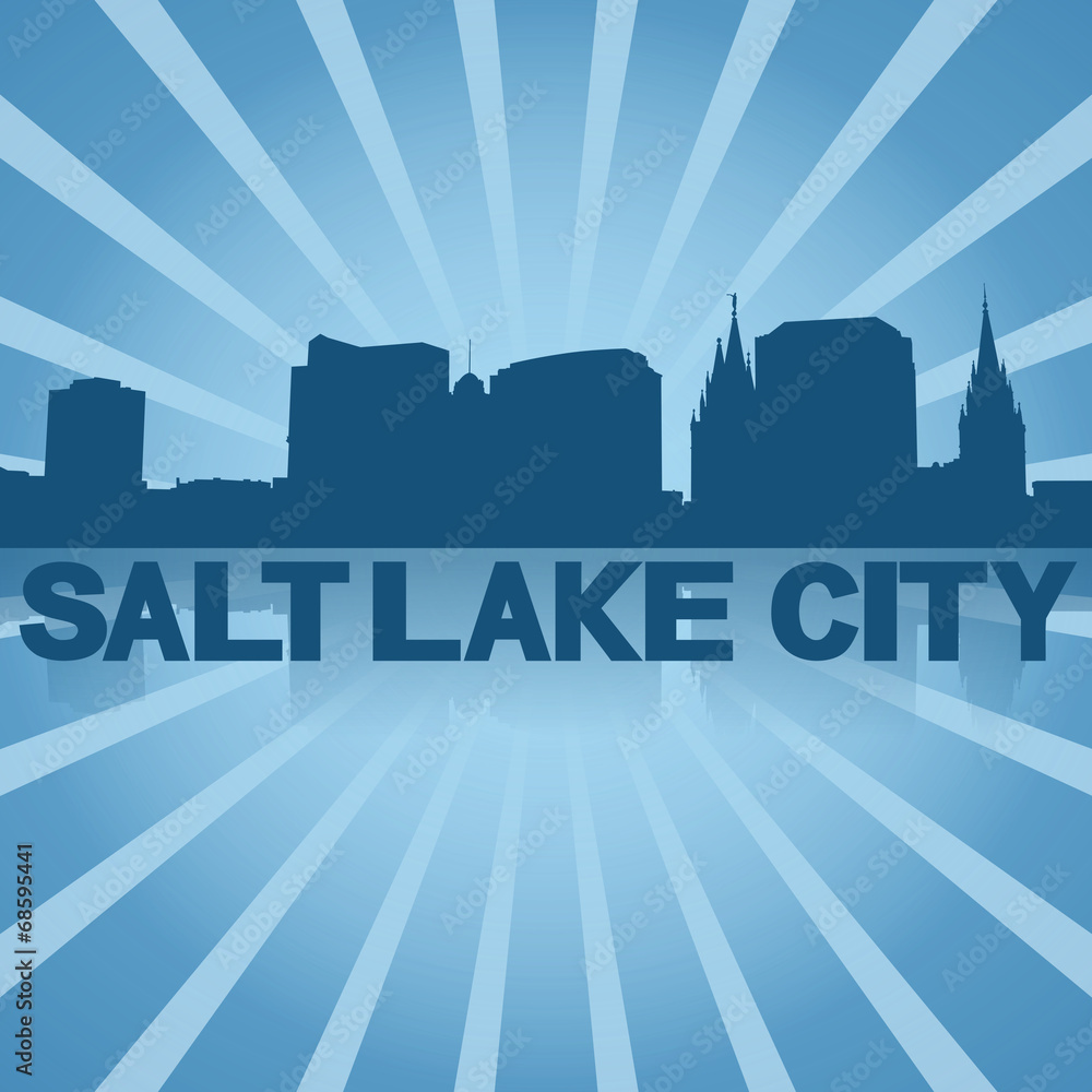 Salt Lake City skyline reflected with blue sunburst illustration