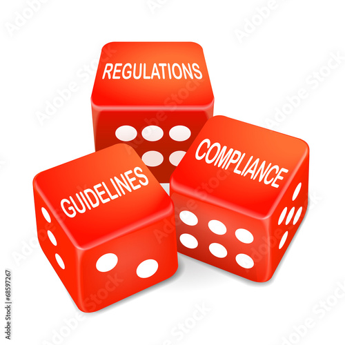 regulations, guidelines and compliance words on three red dice