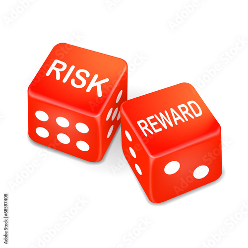 risk and reward words on two red dice