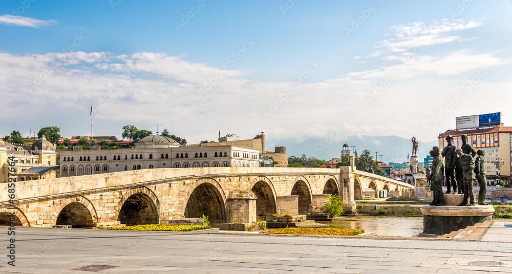 Stone bridge across the Vardar River in Skopje