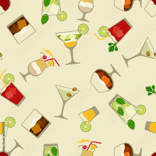 Alcohol drinks and cocktails seamless pattern in flat style.