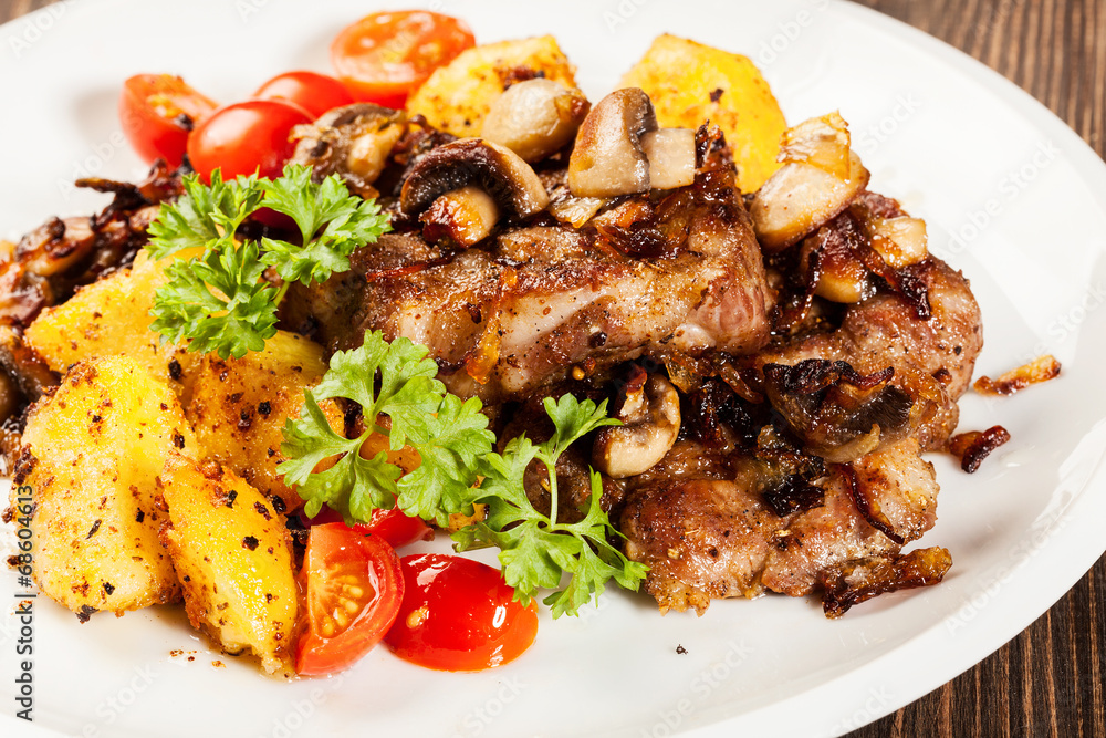 Fried pork chop with mushrooms and chips Fried pork chop with mushrooms and chips