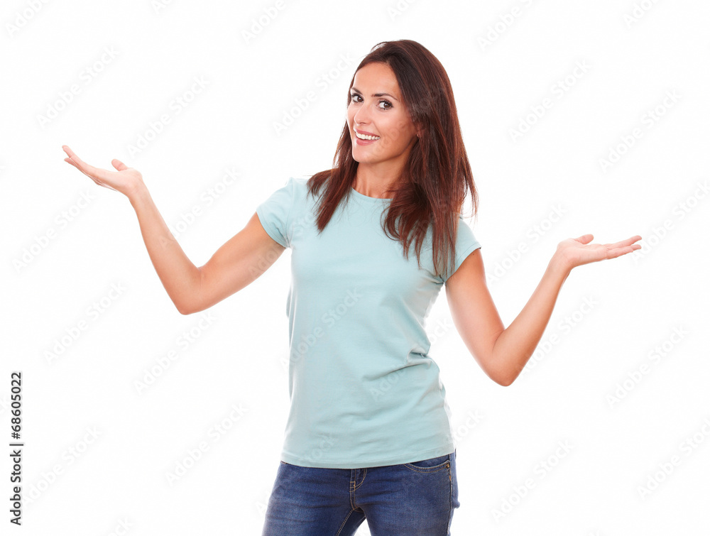Friendly brunette holding her hands up Friendly brunette holding her hands up