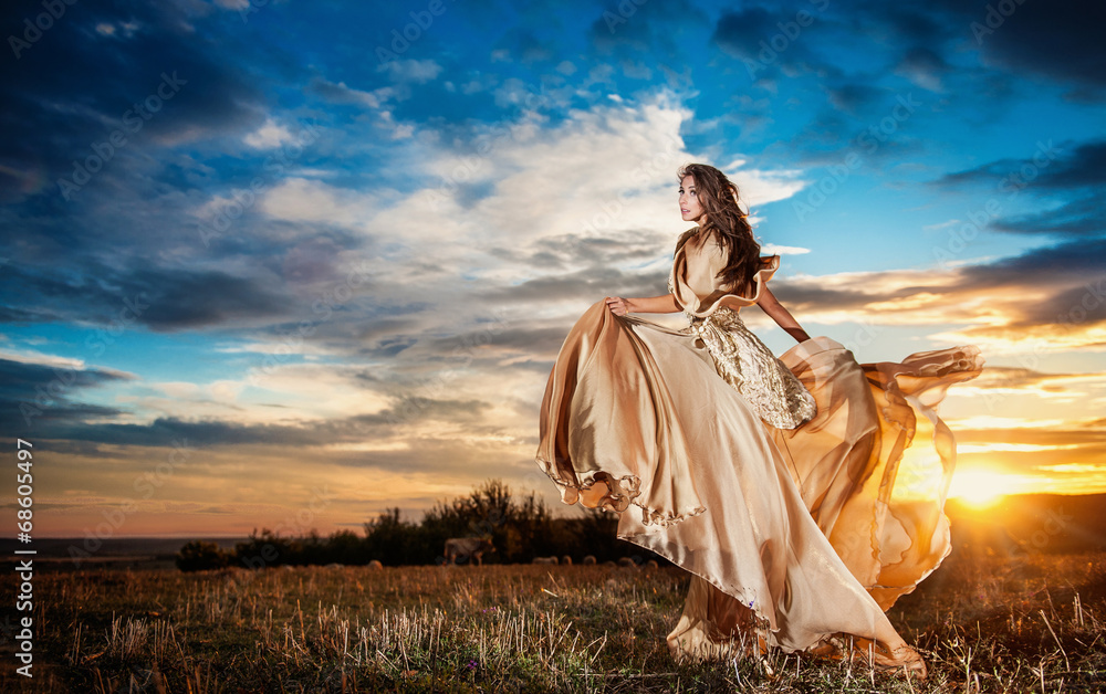 Fashionable beautiful young woman leaving in sunset Fashionable beautiful young woman leaving in sunset