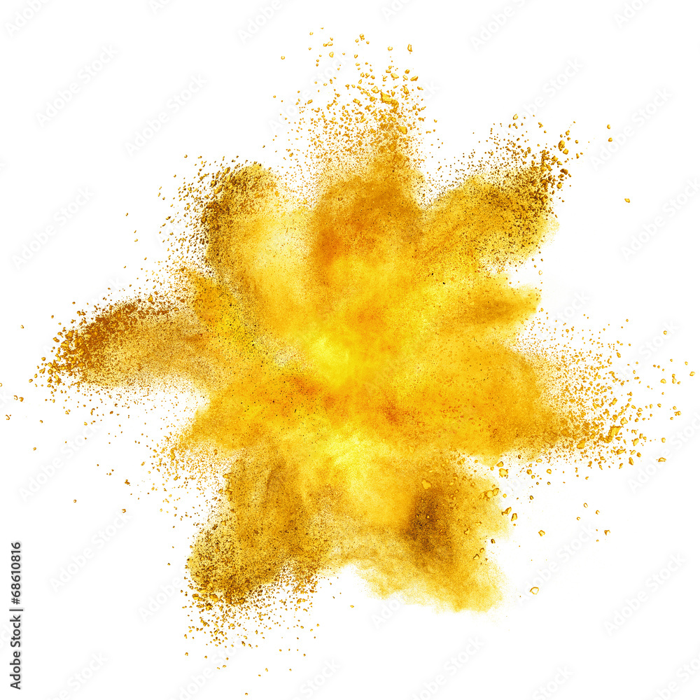 Yellow powder explosion isolated on white - obrazy, fototapety, plakaty 