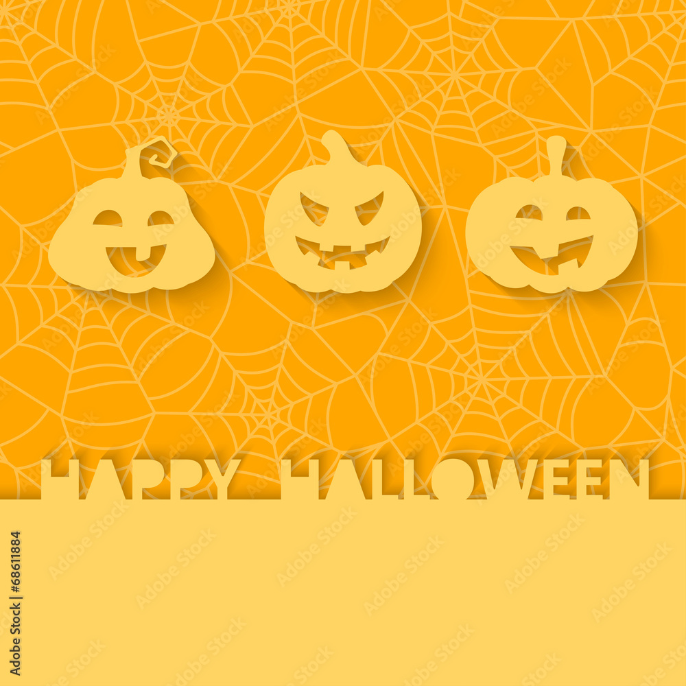 Fototapeta premium Three orange pumpkins on the background of the web. Halloween