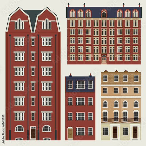 Buildings set with english classic terrace houses