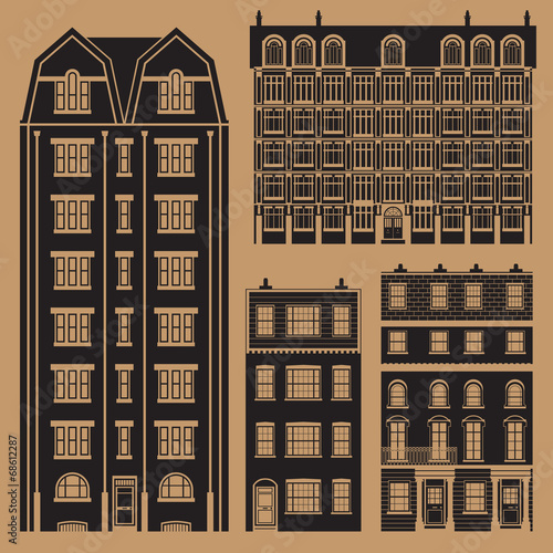 Buildings set with english classic terrace houses - monochrome