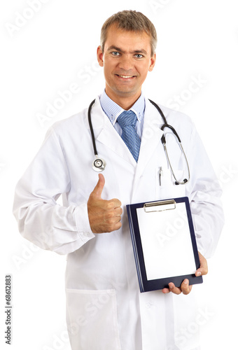 happy doctor with Notepad thumb up.