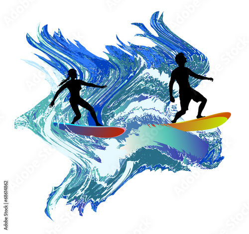 Silhouettes of surfers in the turbulent waves