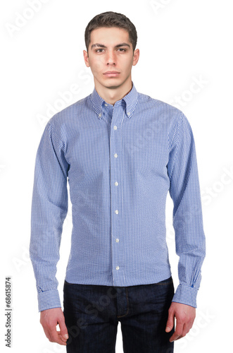 Male model with shirt isolated on white