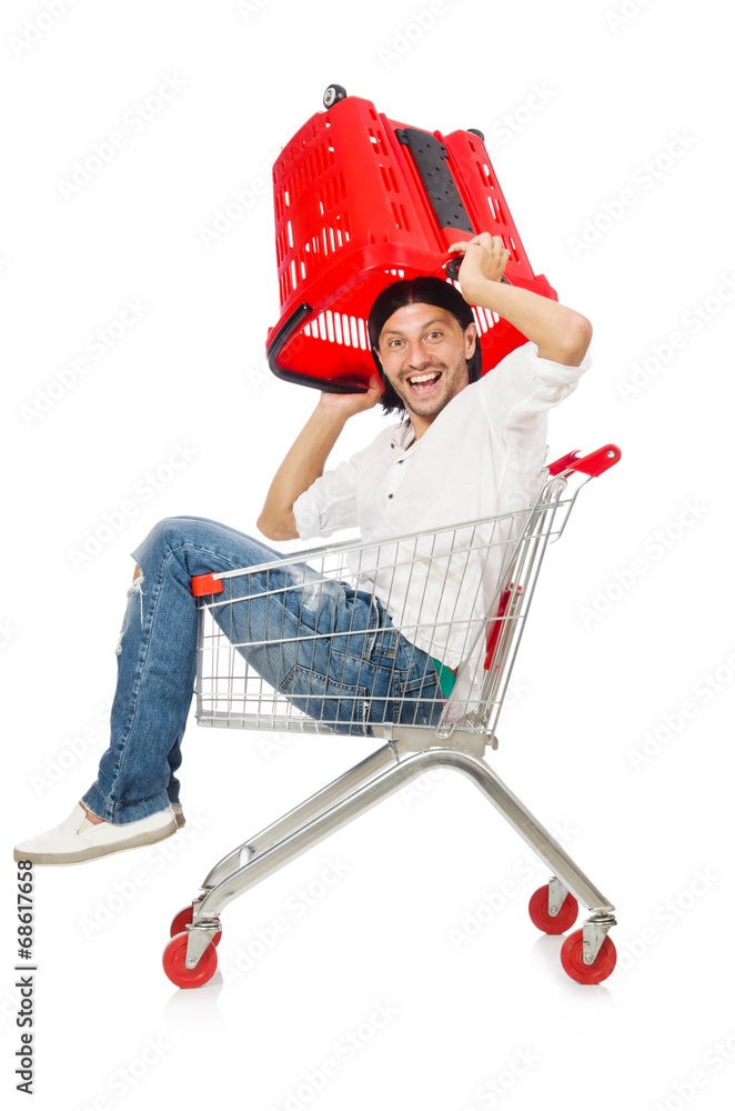 Man shopping with supermarket basket cart isolated on white Man shopping with supermarket basket cart isolated on white