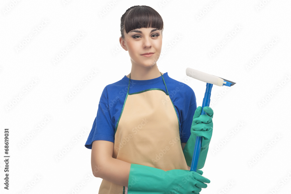 Cleaning Concept: Happy Caucasian Female Holding Rubber Swab and Cleaning Concept: Happy Caucasian Female Holding Rubber Swab and