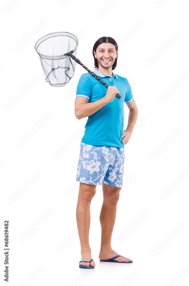 Man with big catching net isolated on white