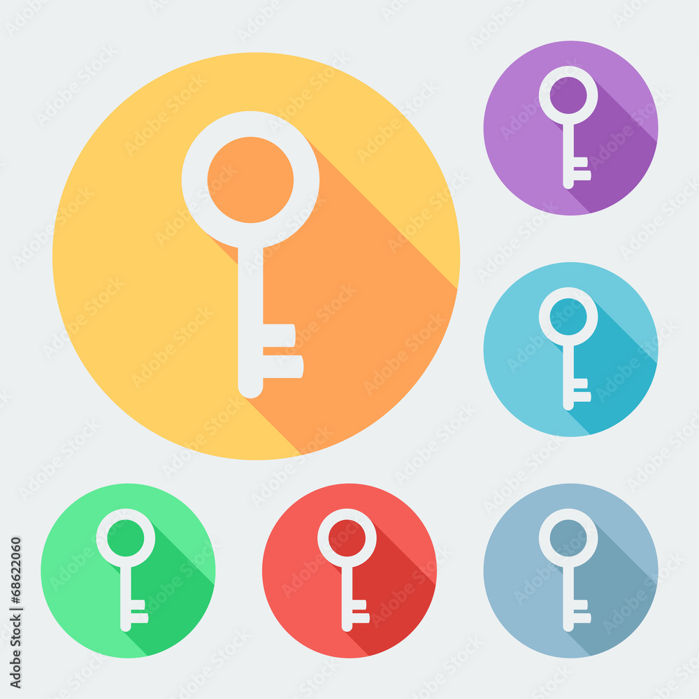 Flat style key icon with long shadow, six colors. Flat style key icon with long shadow, six colors.