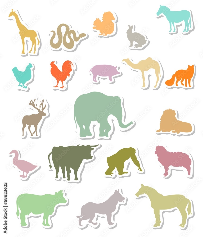 Set of colorful animals silhouettes stickers