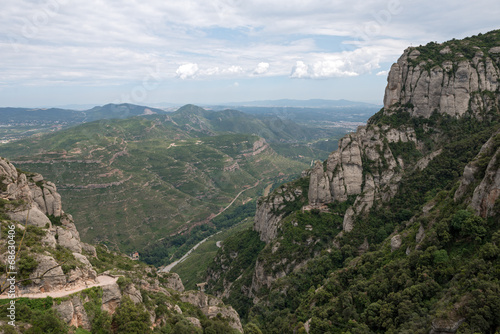 Panoramic view of Llobregat river valley from Montserrat Abbey,