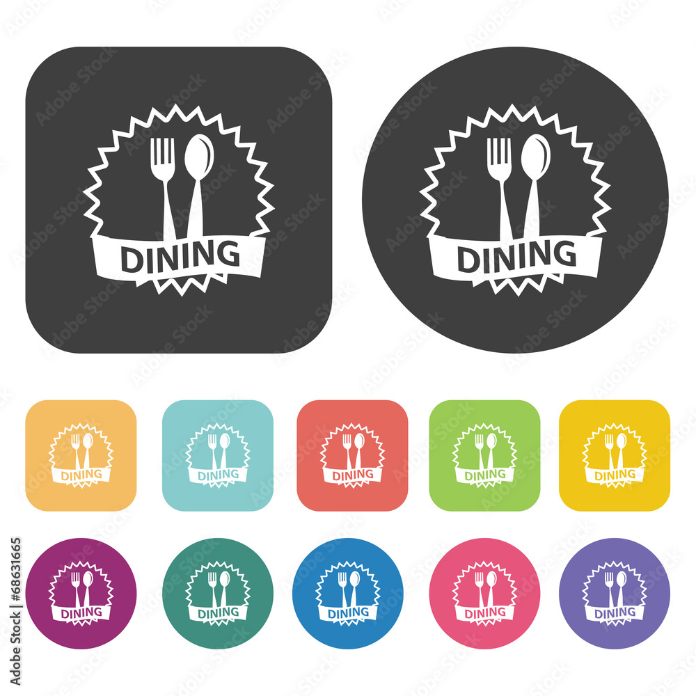 Dinning Sign icon set. Cafe and restaurant symbol. Round and rec Dinning Sign icon set. Cafe and restaurant symbol. Round and rec