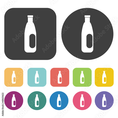 Milk bottle icon set. Round and rectangle colourful 12 buttons.