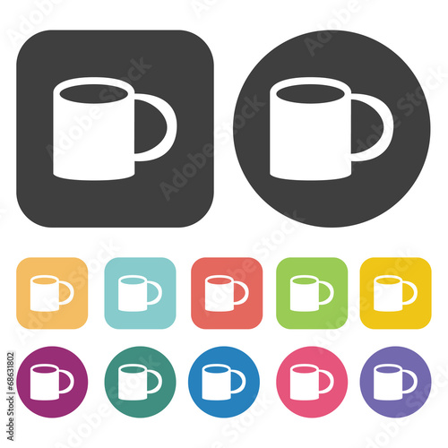 Coffee cup icons set. Round and rectangle colourful 12 buttons.