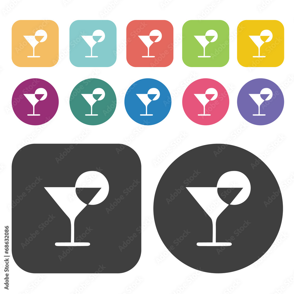 Cocktail icons set. Round and rectangle colourful 12 buttons. Cocktail icons set. Round and rectangle colourful 12 buttons.