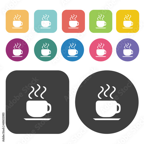 Coffee cup icon set. Round and rectangle colourful 12 buttons.