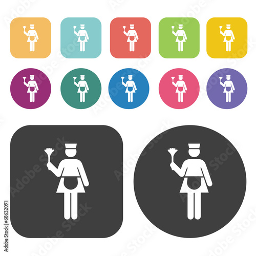 Waitress icon set. Round and rectangle colourful 12 buttons.