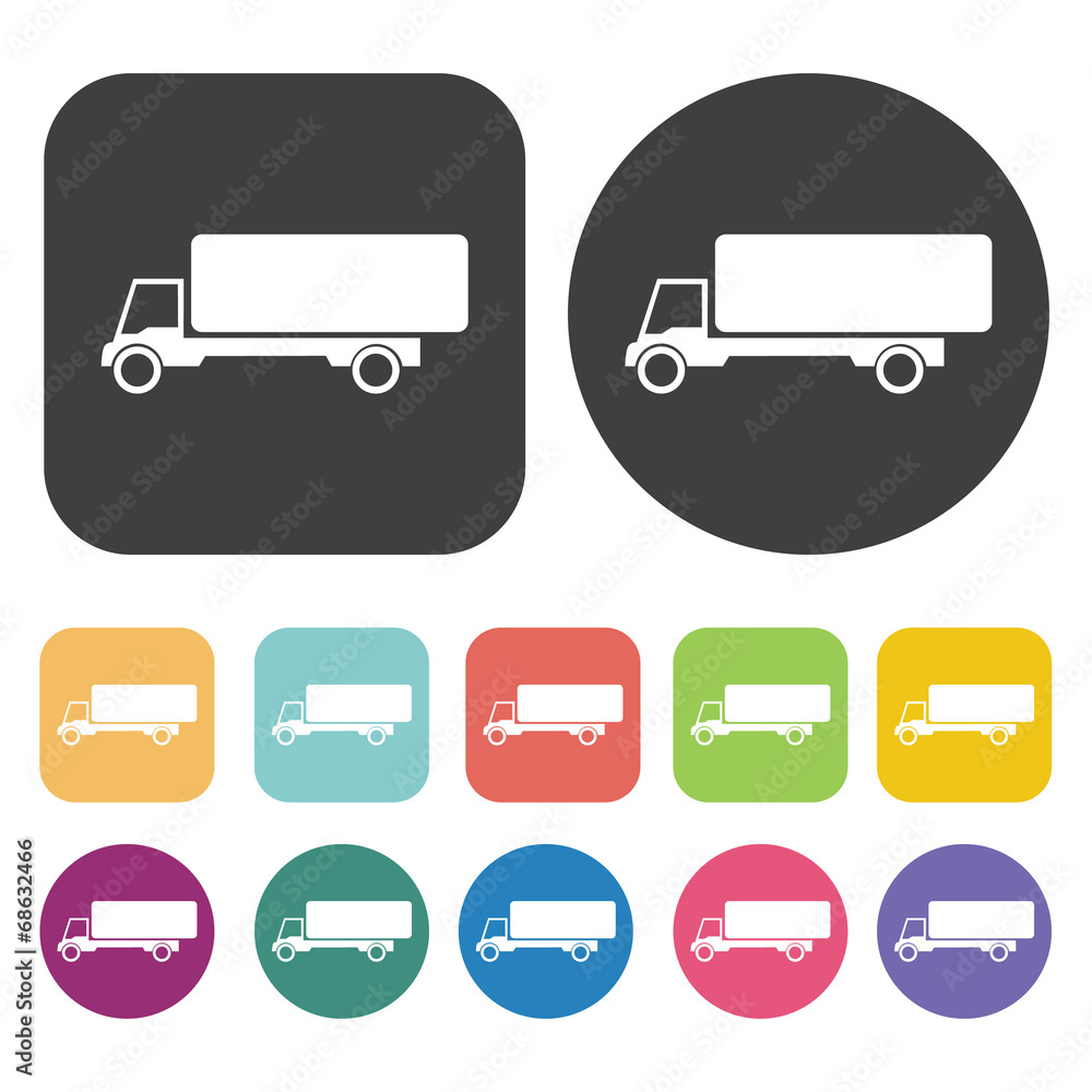 Box Truck icons set. Round and rectangle colourful 12 buttons. Box Truck icons set. Round and rectangle colourful 12 buttons.