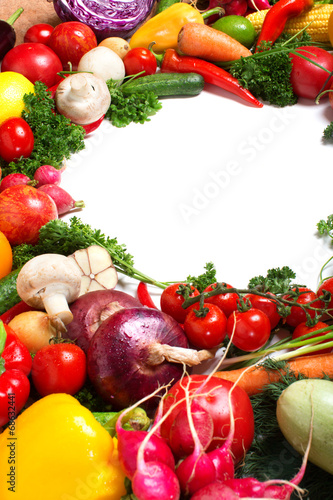 decorative pattern of fresh vegetables on white background © BestForYou