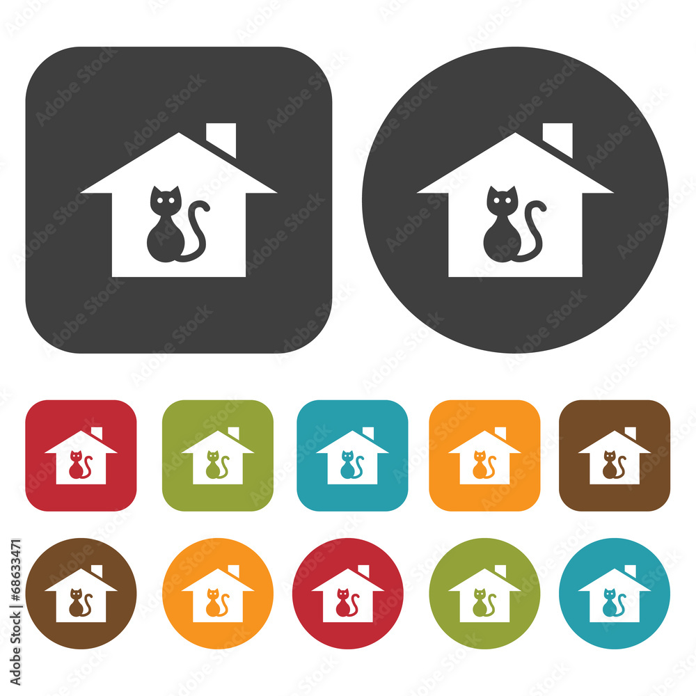 Cat Houses and Building icons set. Real estate. Round and rectan Cat Houses and Building icons set. Real estate. Round and rectan