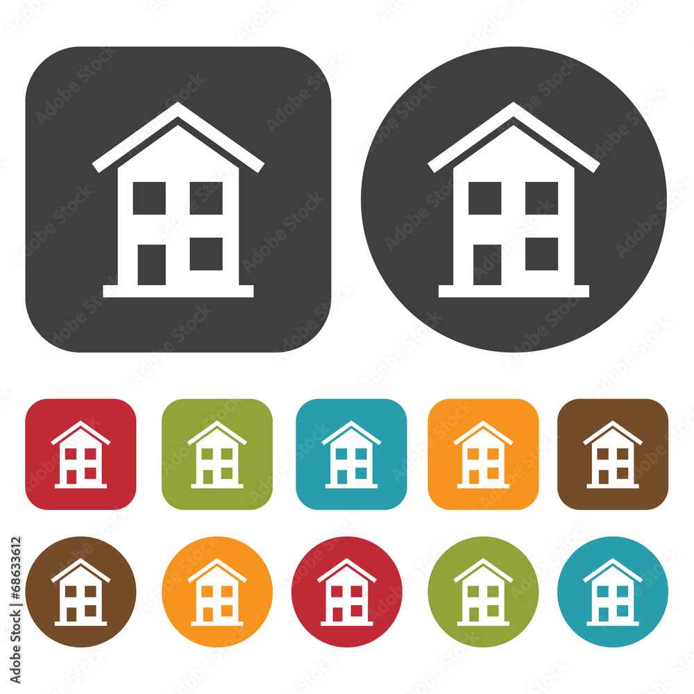 Houses and Building icons set. Real estate. Round and rectangle Houses and Building icons set. Real estate. Round and rectangle