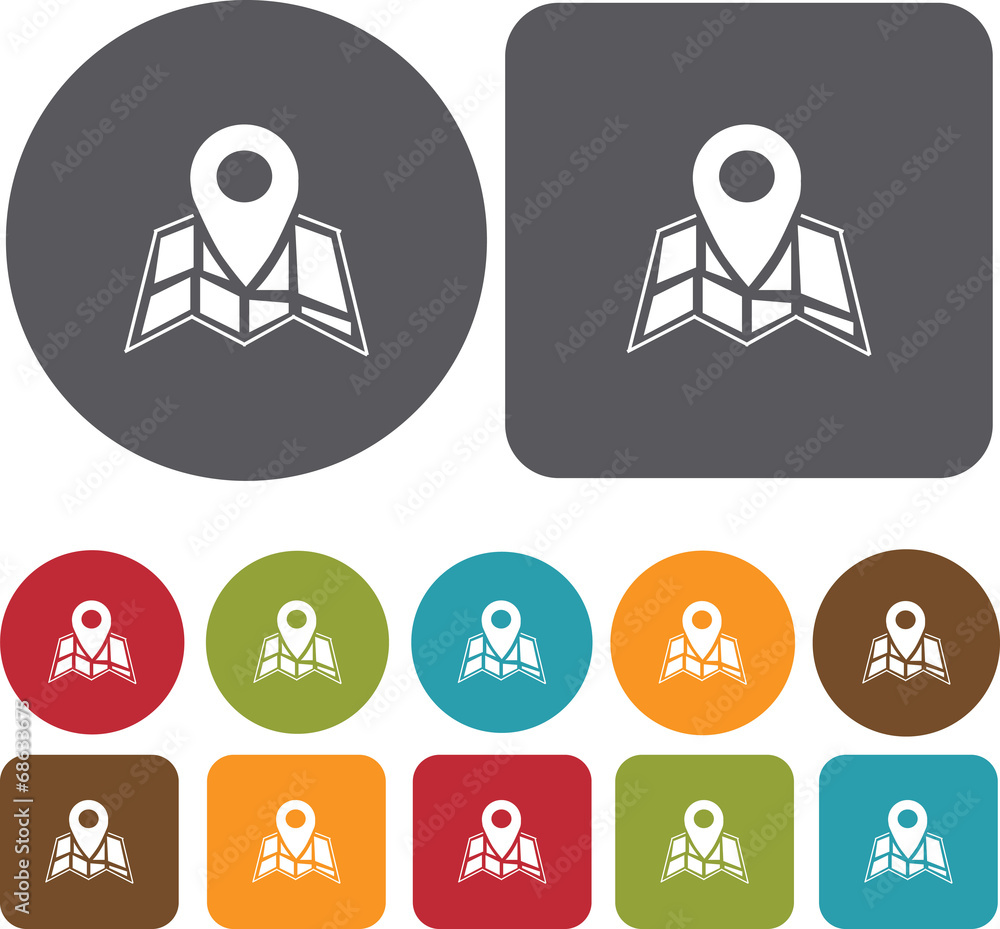 Map Location Icons set. Round and rectangle colourful 12 buttons Map Location Icons set. Round and rectangle colourful 12 buttons