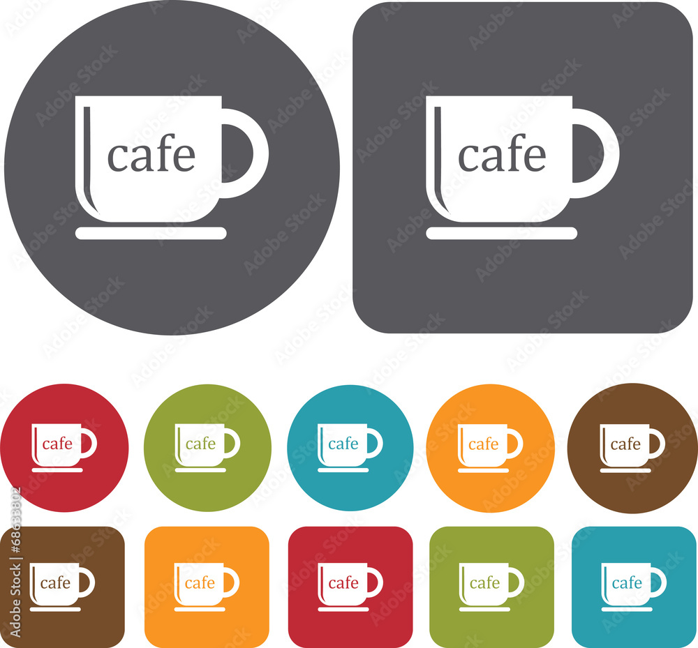 Cafe Map Location Icons set. Round and rectangle colourful 12 bu