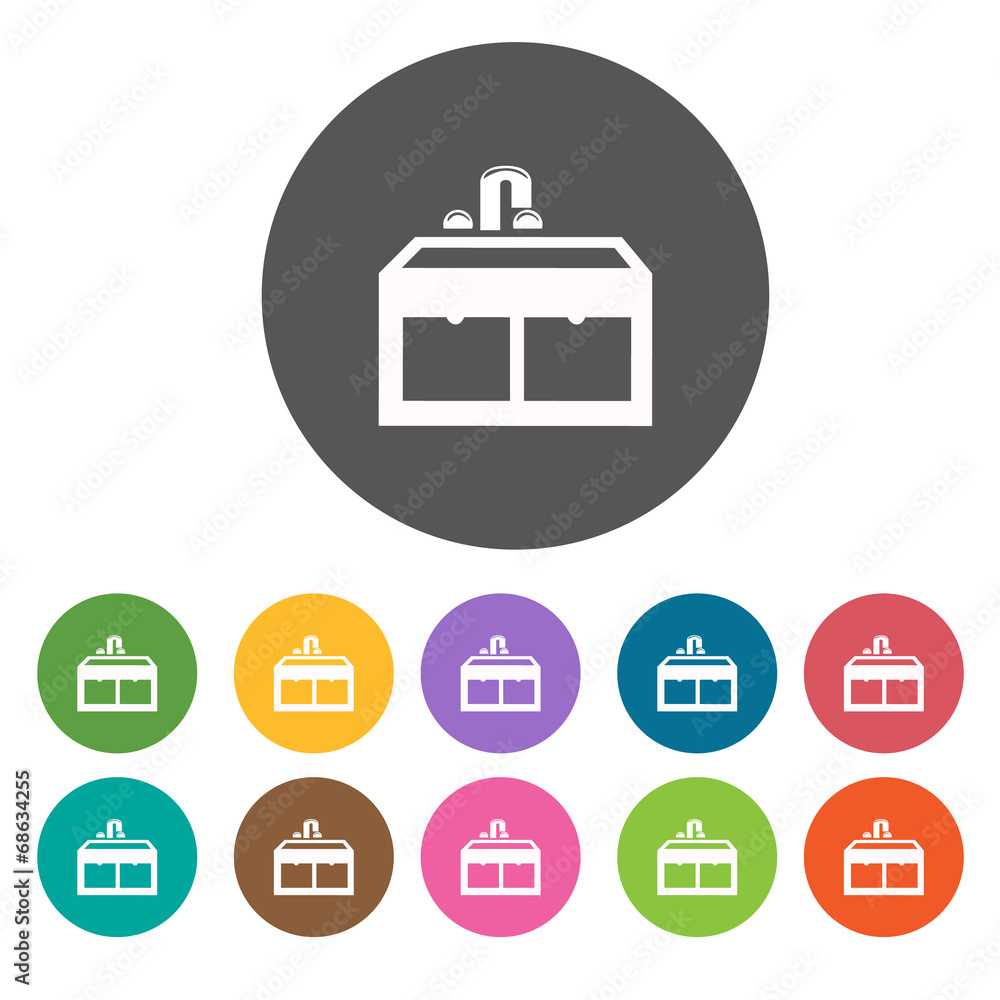 Toilet sink icon set. Round colourful 12 buttons. Illustration e