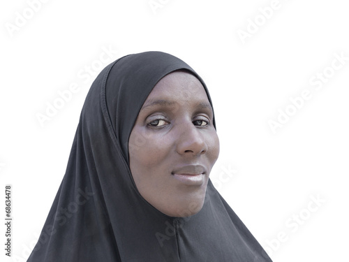 Canvas Print African woman wearing a black cotton veil, isolated