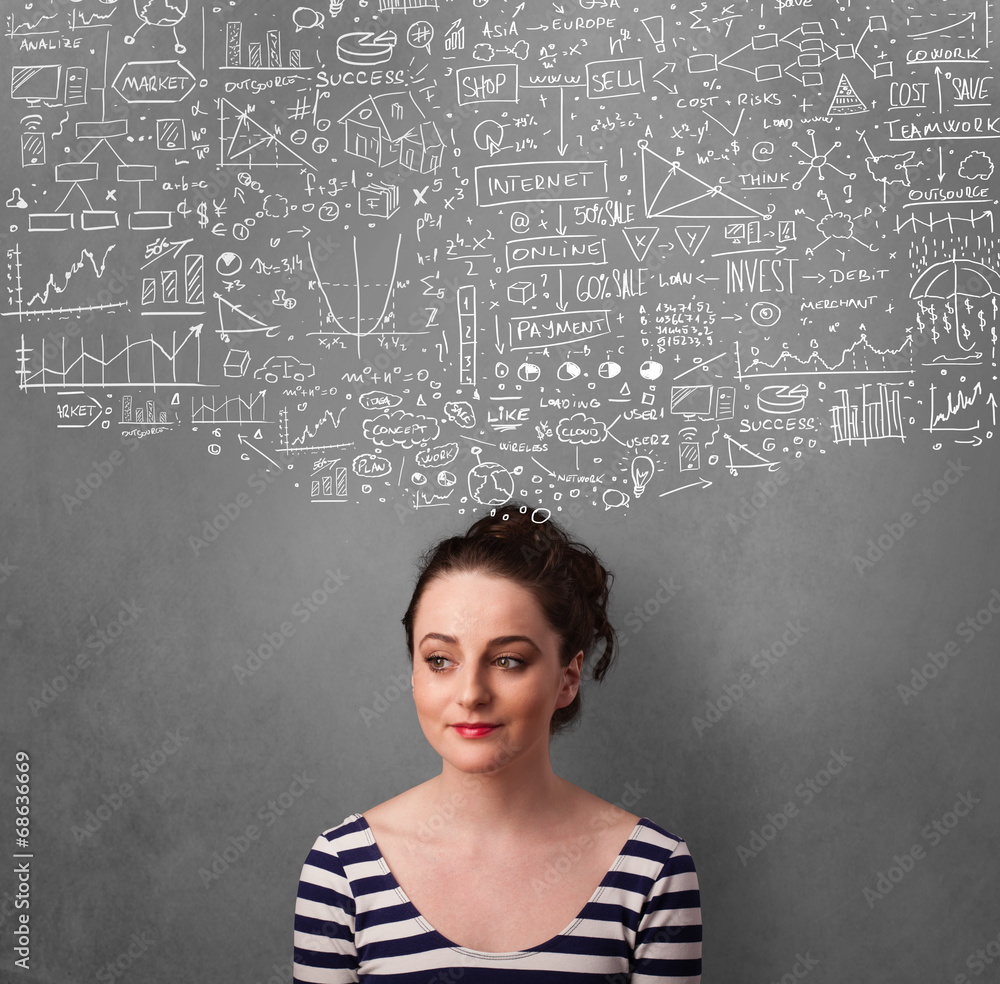 Young woman gesturing with sketched charts above her head Young woman gesturing with sketched charts above her head