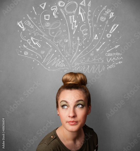 Young woman thinking with sketched arrows above her head