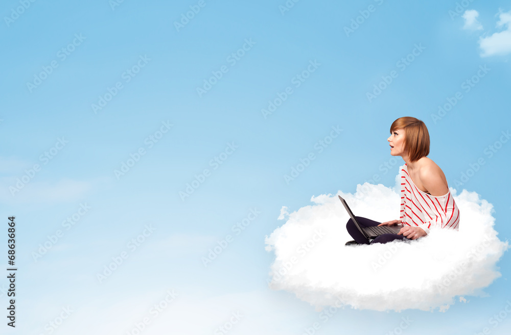 Young woman with laptop sitting on cloud with copy space Young woman with laptop sitting on cloud with copy space