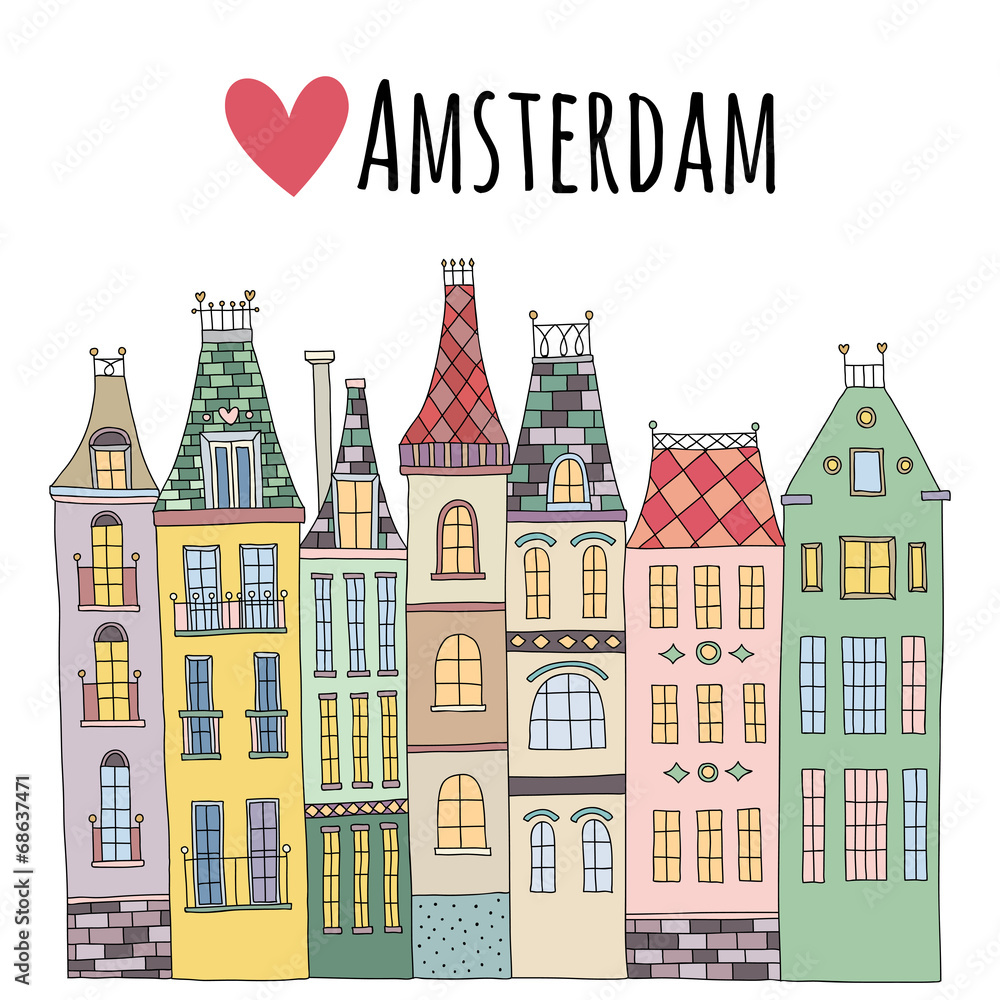 Cute hand drawn vector houses in Amsterdam