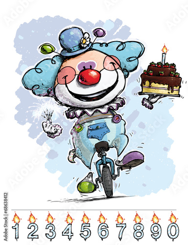 Clown on Unicyle Carrying a Boy s Birthday Cake