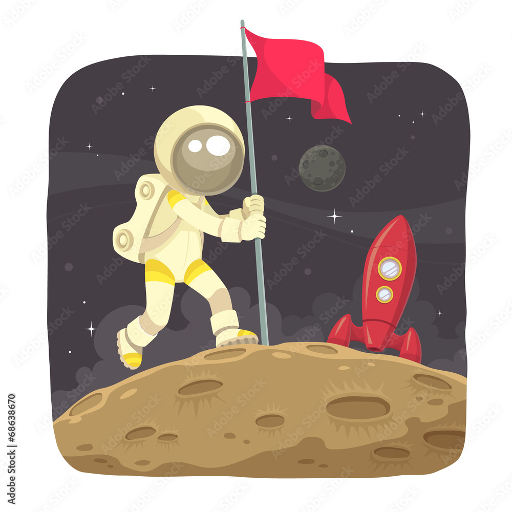 Obraz premium Astronaut landing on the moon and give a flag sign.
